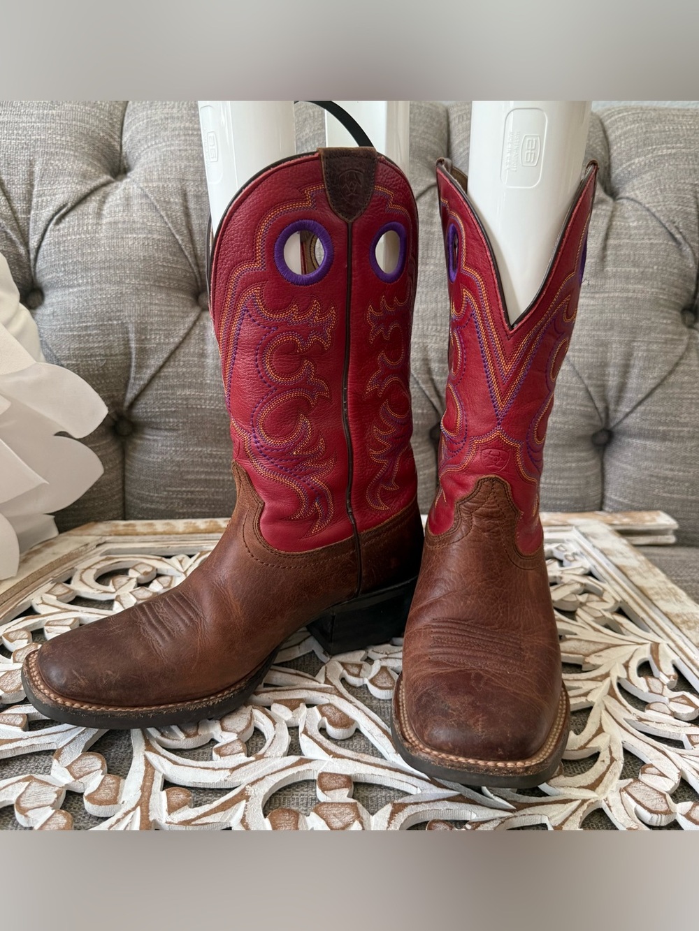 Ariat Brown & Red Leather Cowboy Boots Women’s 7 - Picture 1 of 8
